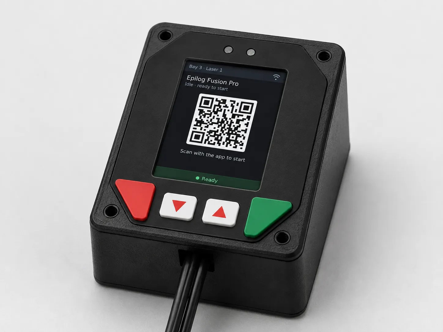 MakerOps controller product view: rugged enclosure, color display with session QR, membrane arrow keys and red stop / green go buttons
