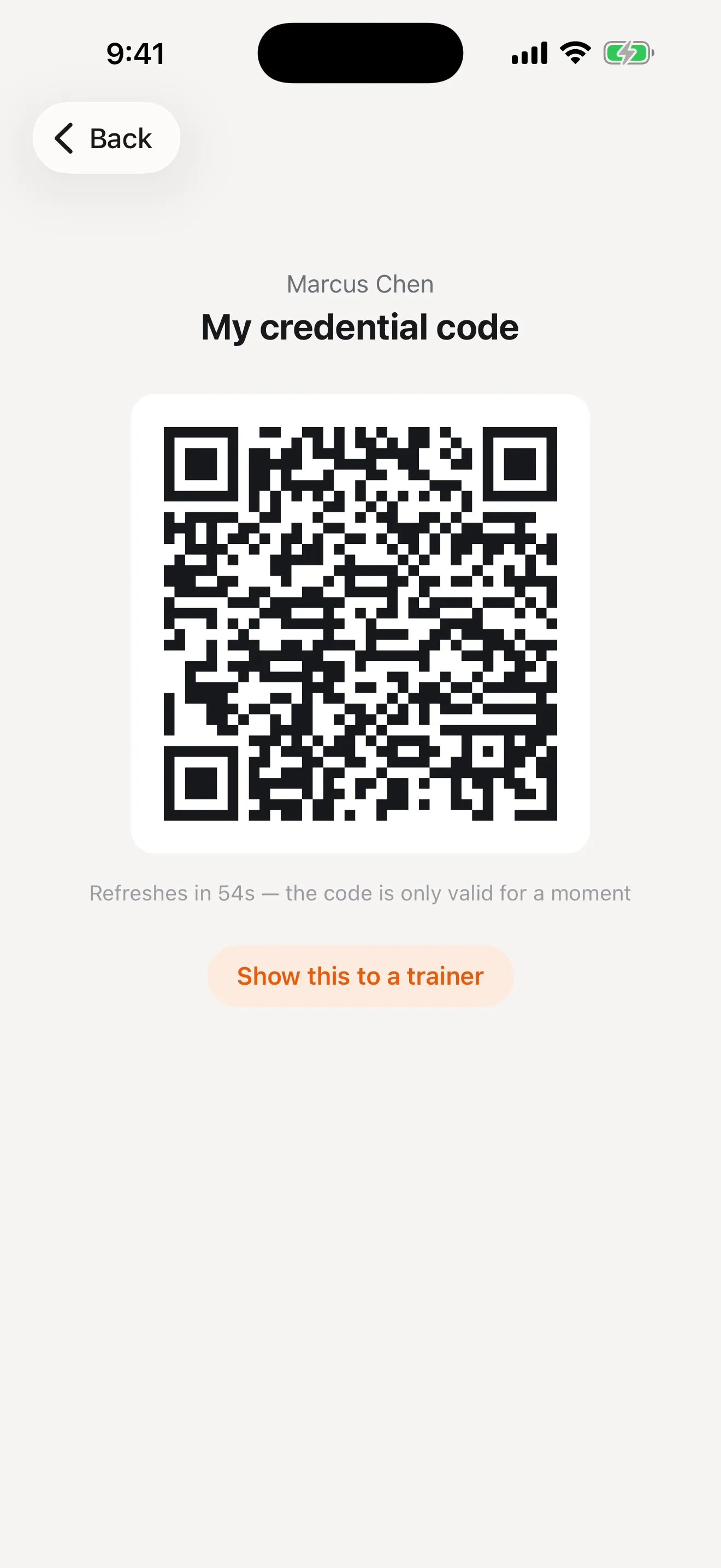 A member’s rotating credential QR code on iPhone