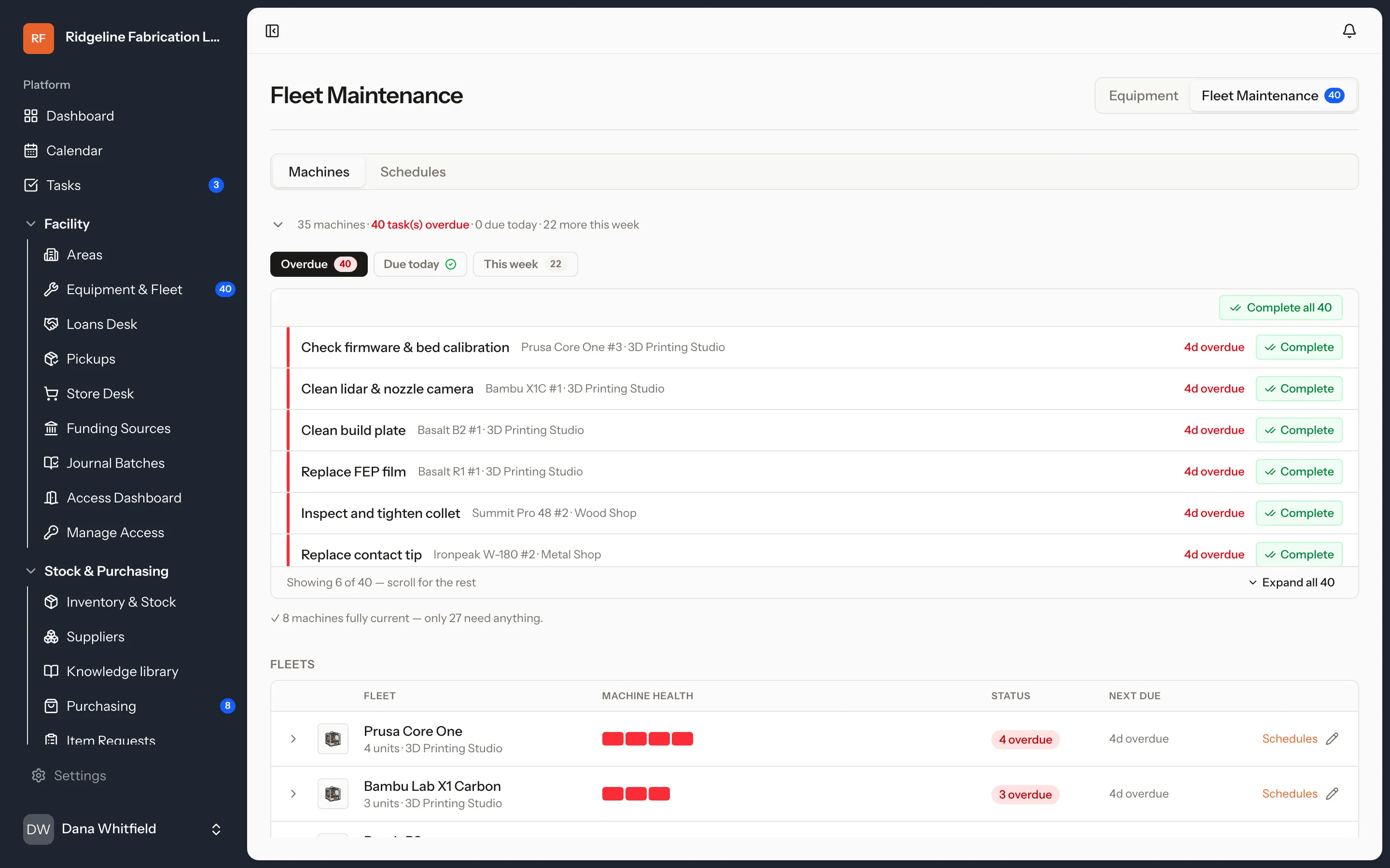 The equipment list in the MakerOps web app