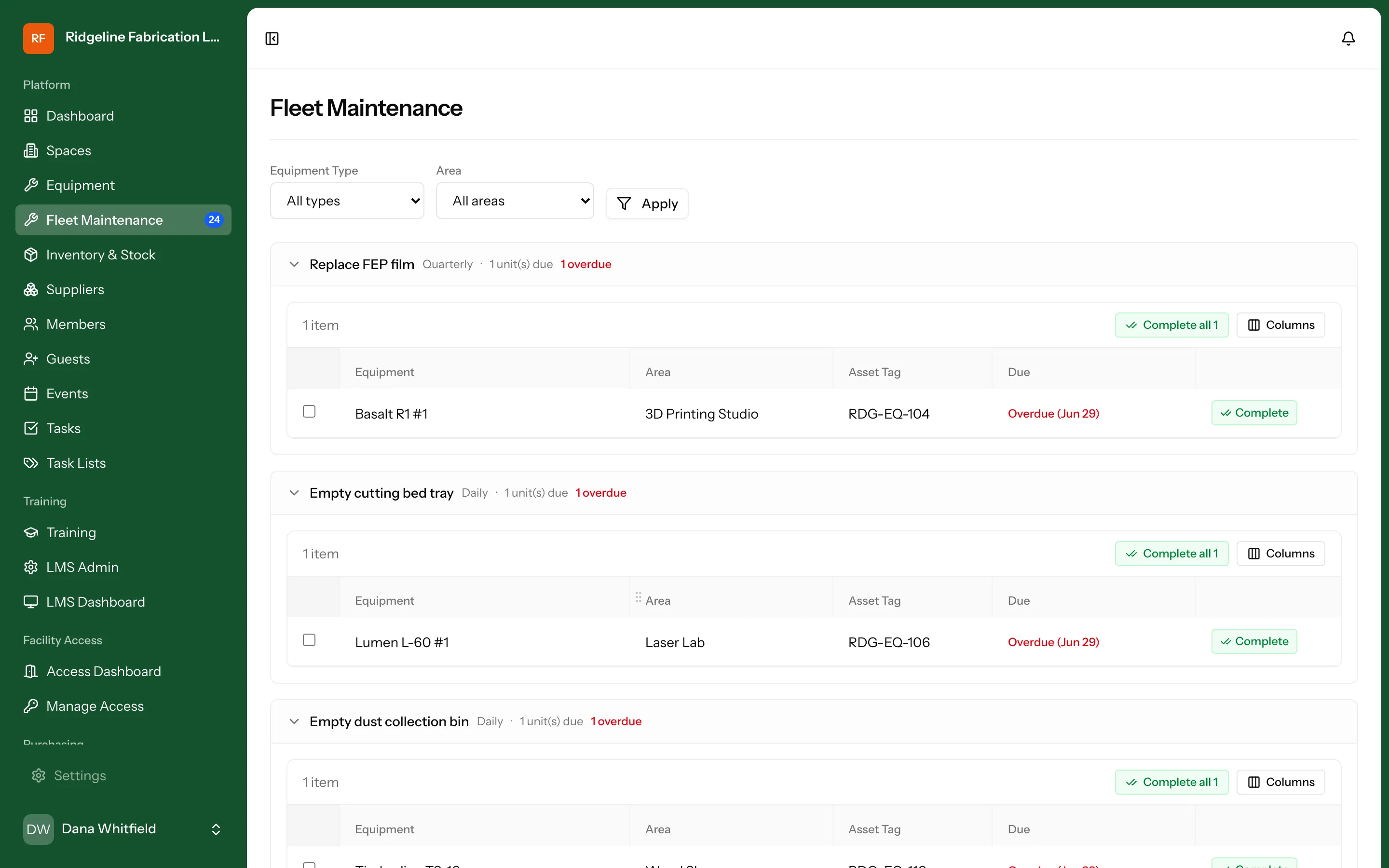 Equipment & Fleet Maintenance screen in Makerspace Management