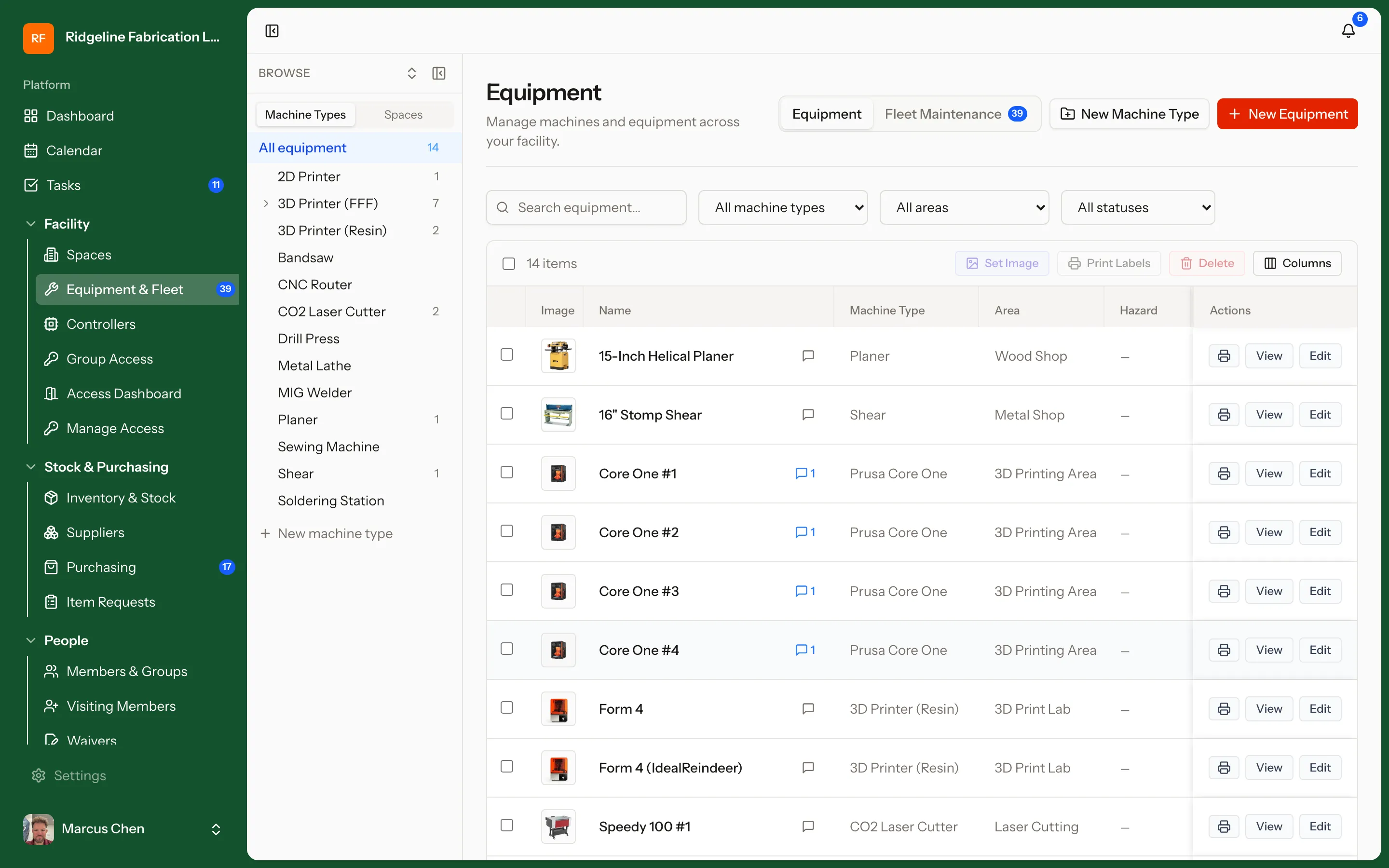 Equipment & Fleet Maintenance screen in MakerOps