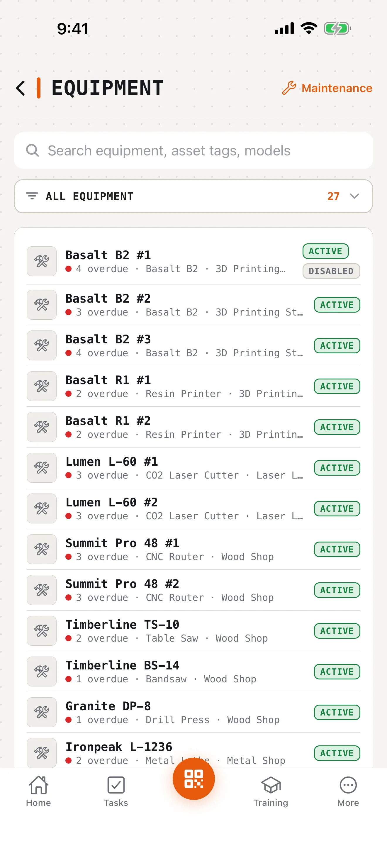 Equipment list on iPhone with per-machine overdue maintenance counts