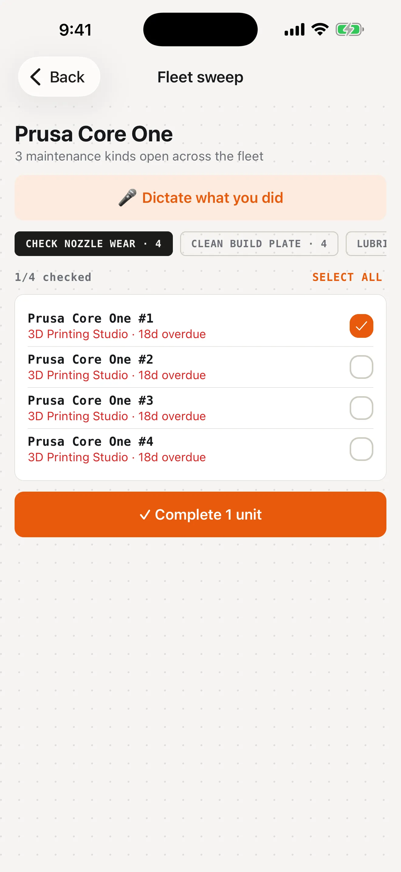 Fleet maintenance sweep on iPhone — completing a check across four machines at once