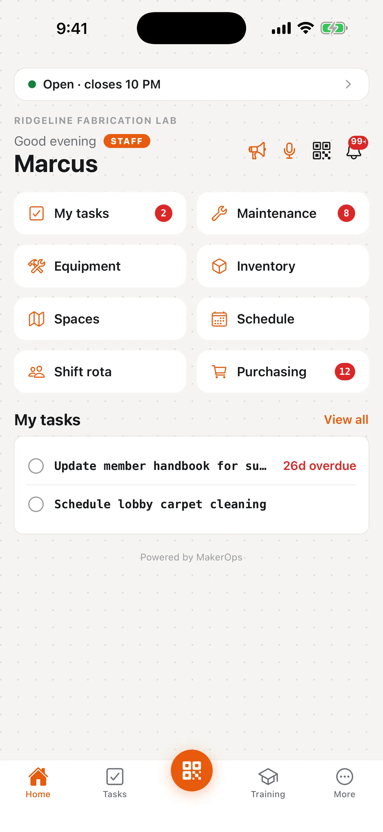 MakerOps home screen on iPhone showing tasks, maintenance, and purchasing counts