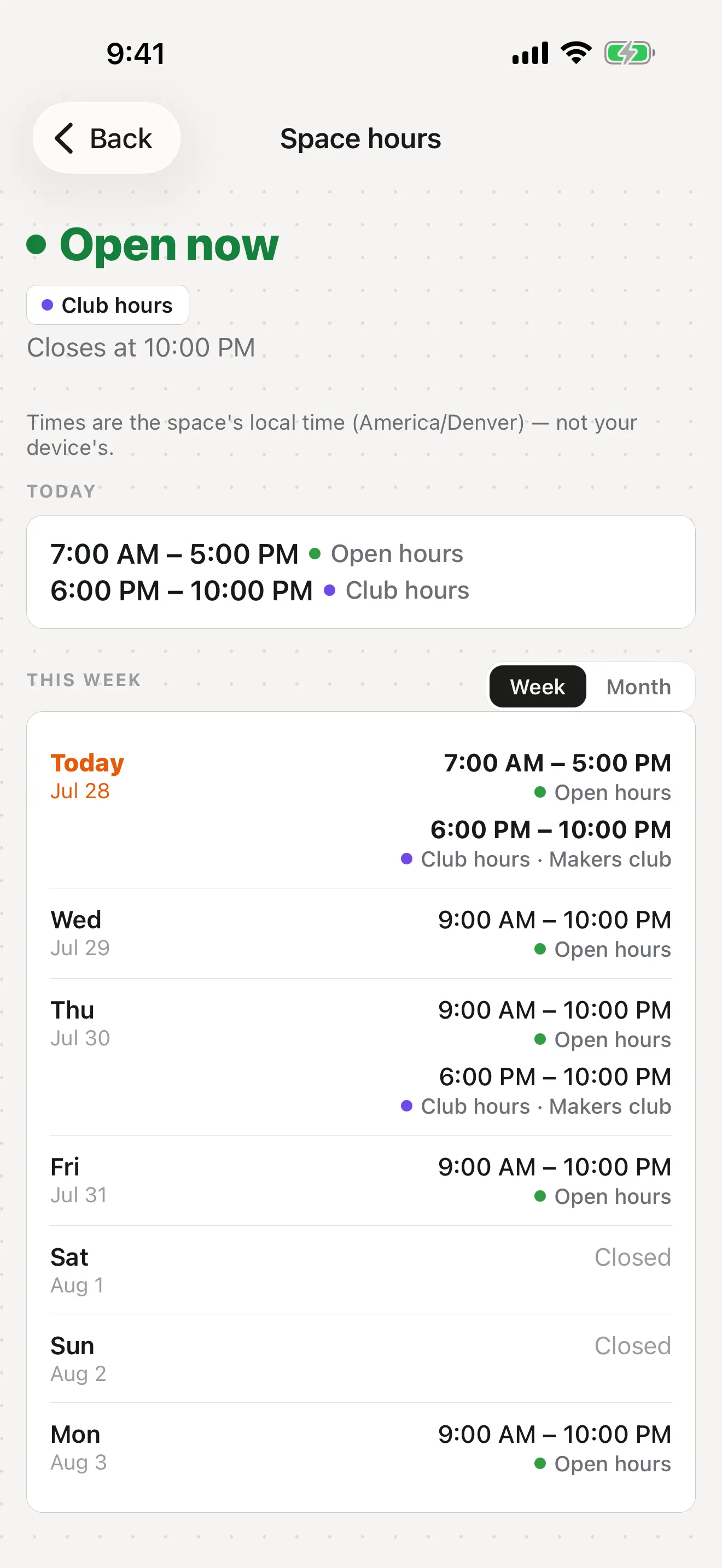 Space hours on iPhone showing open hours and club hours for the week