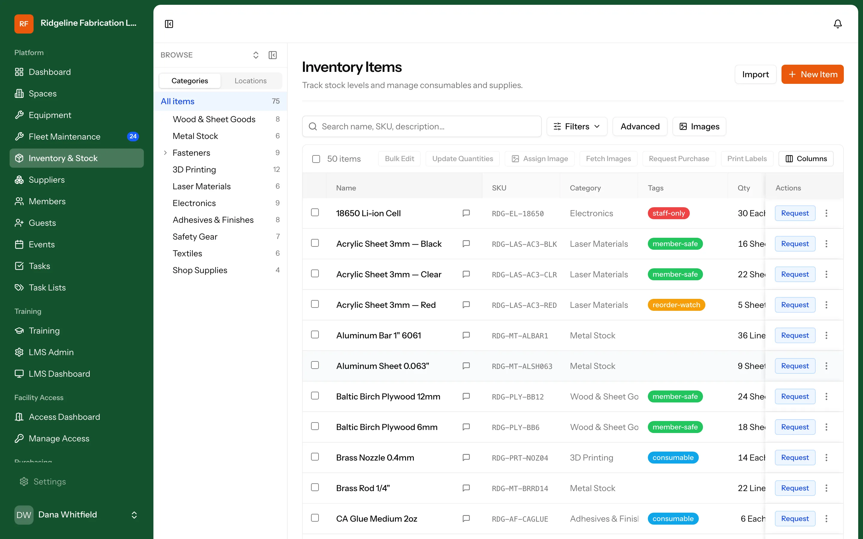 Inventory screen in Makerspace Management