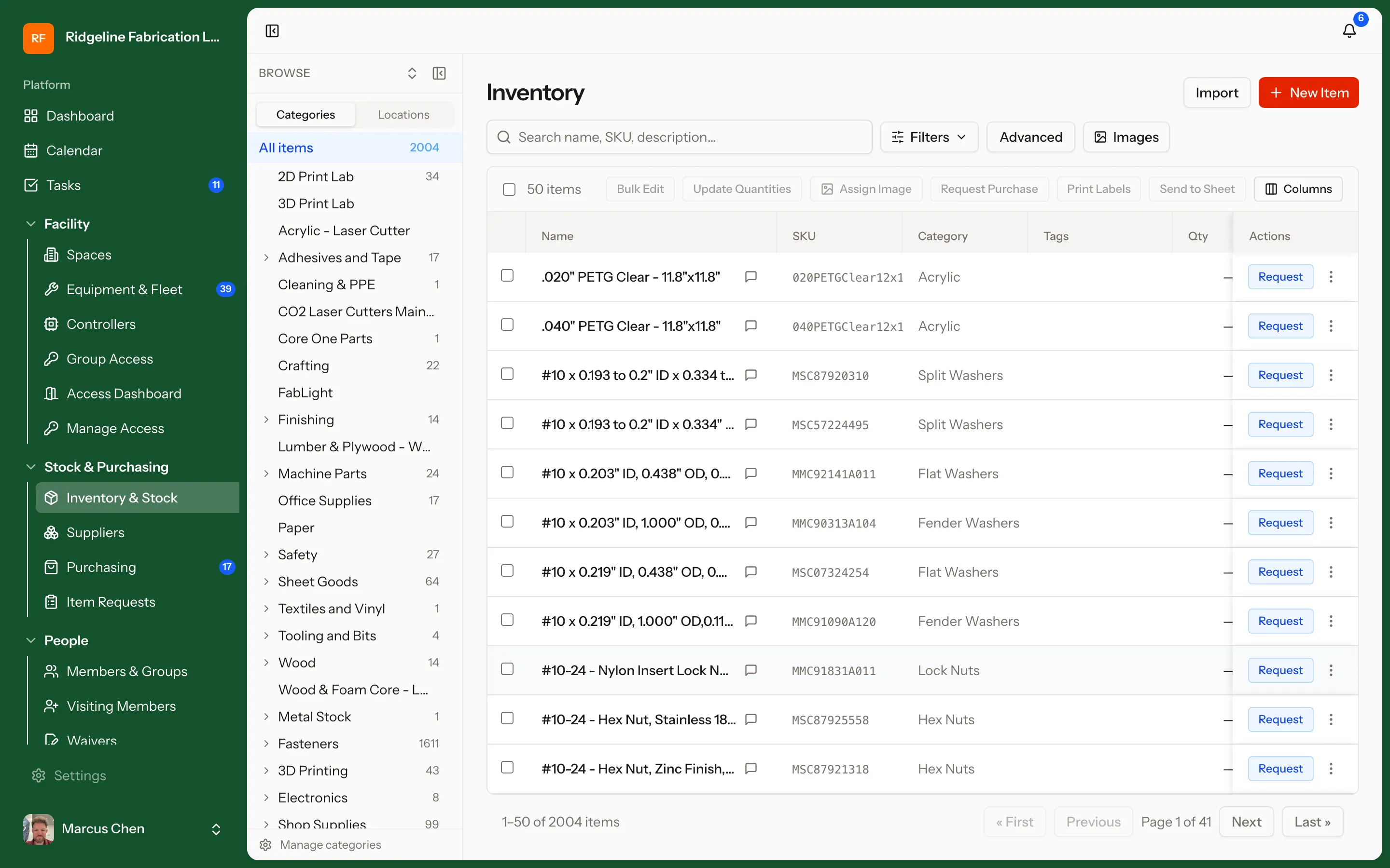 Inventory screen in MakerOps