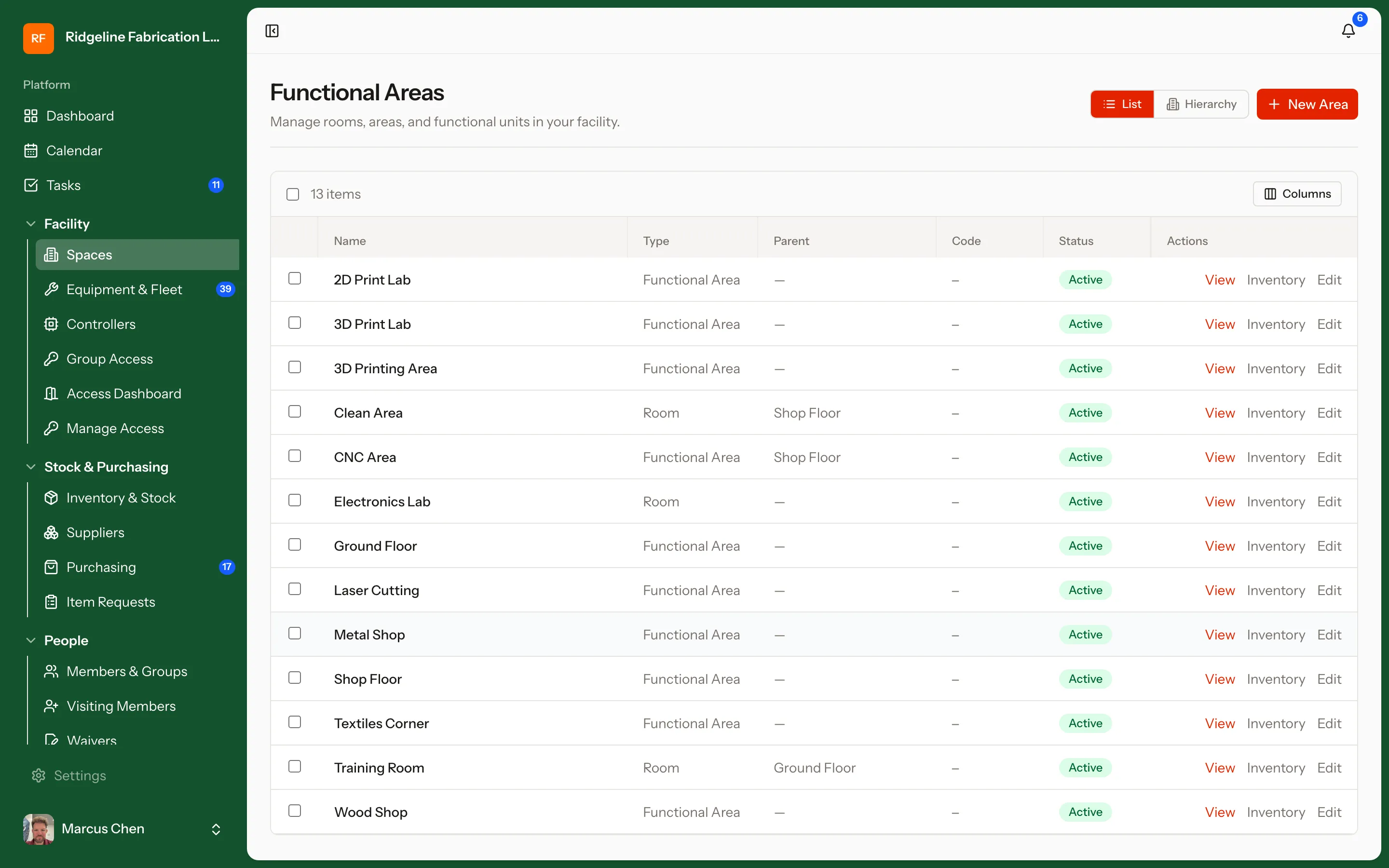 Locations screen in MakerOps
