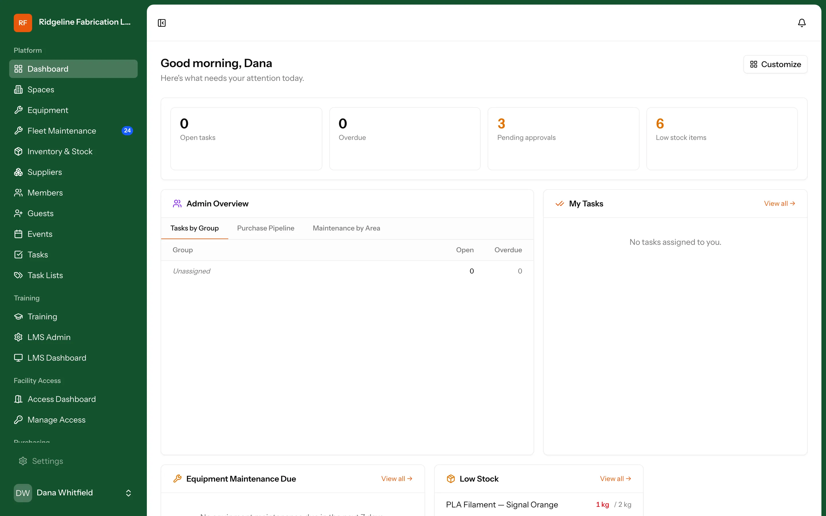 Makerspace Management live operations dashboard showing tasks, maintenance due, and occupancy
