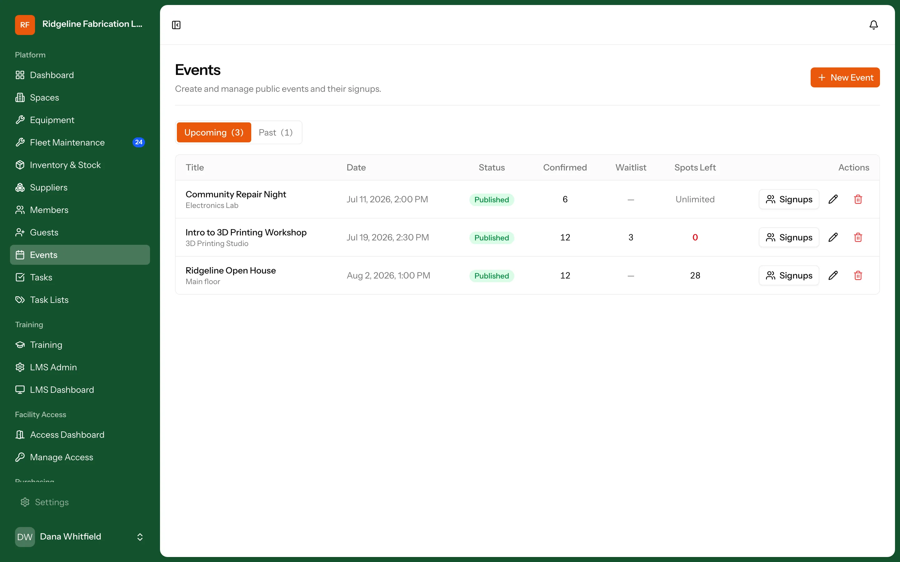 Scheduling screen in Makerspace Management