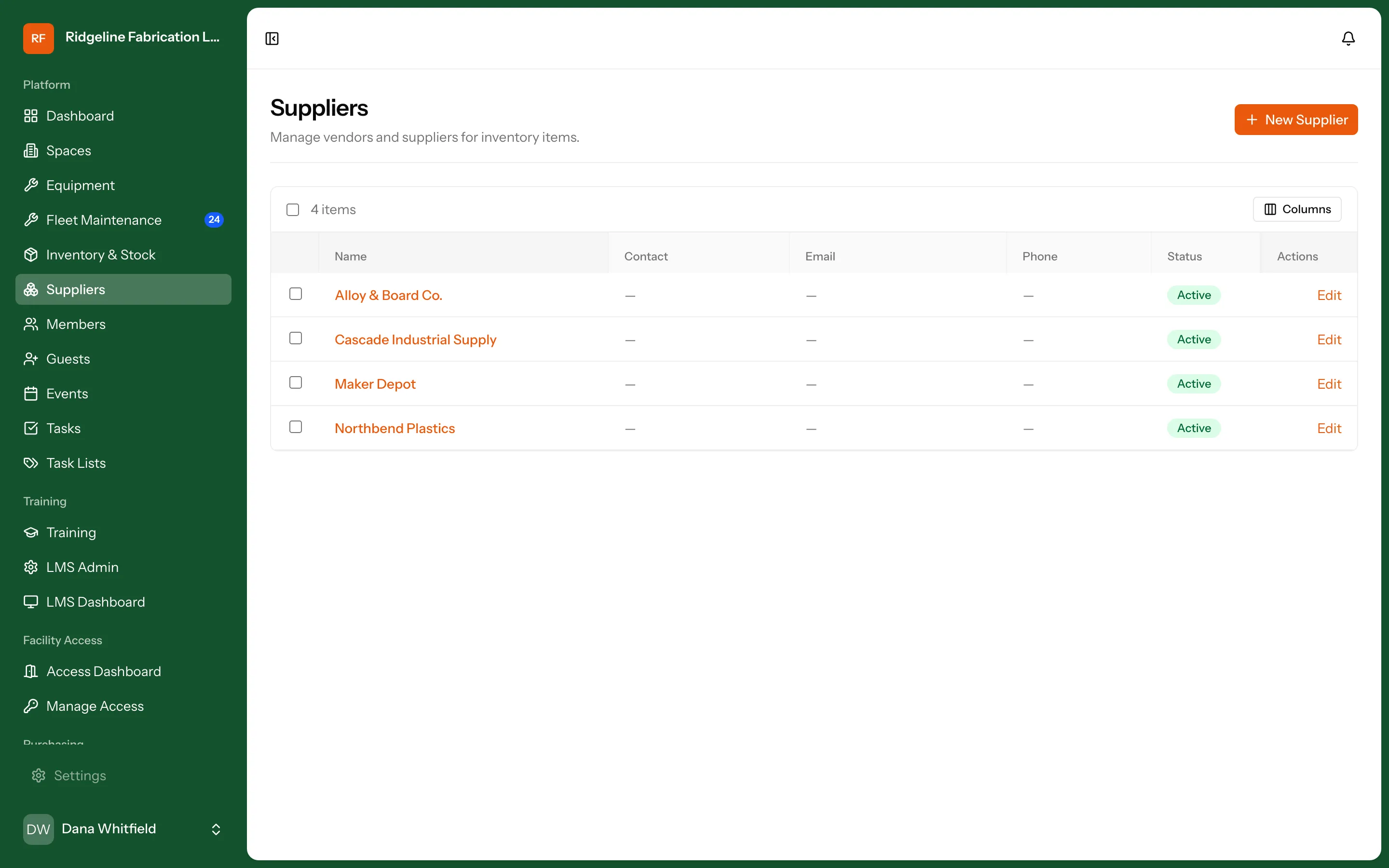 Suppliers screen in Makerspace Management