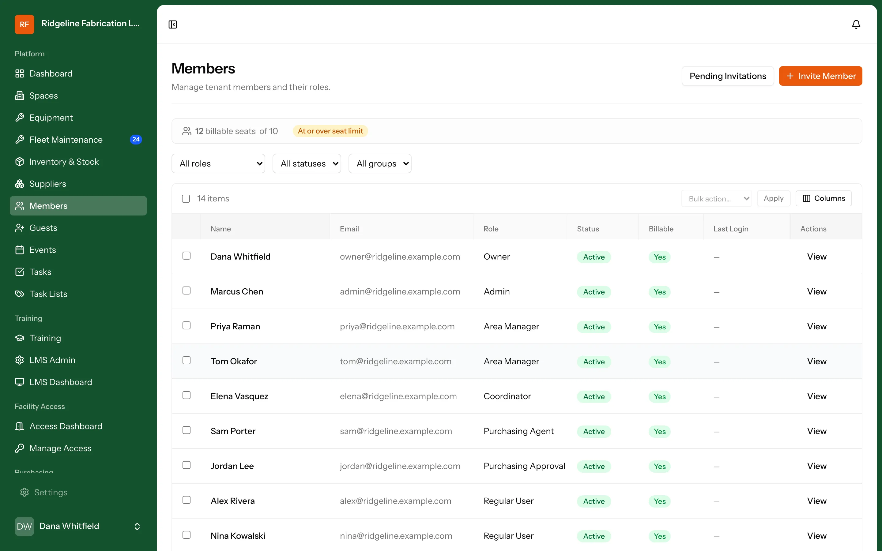 User Management & Access Control screen in Makerspace Management